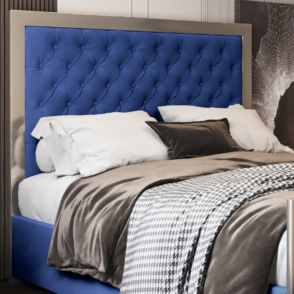 Maddison Blue Small Double Velvet Upholstered Metal Bed Frame with Padded Headboard Image 3