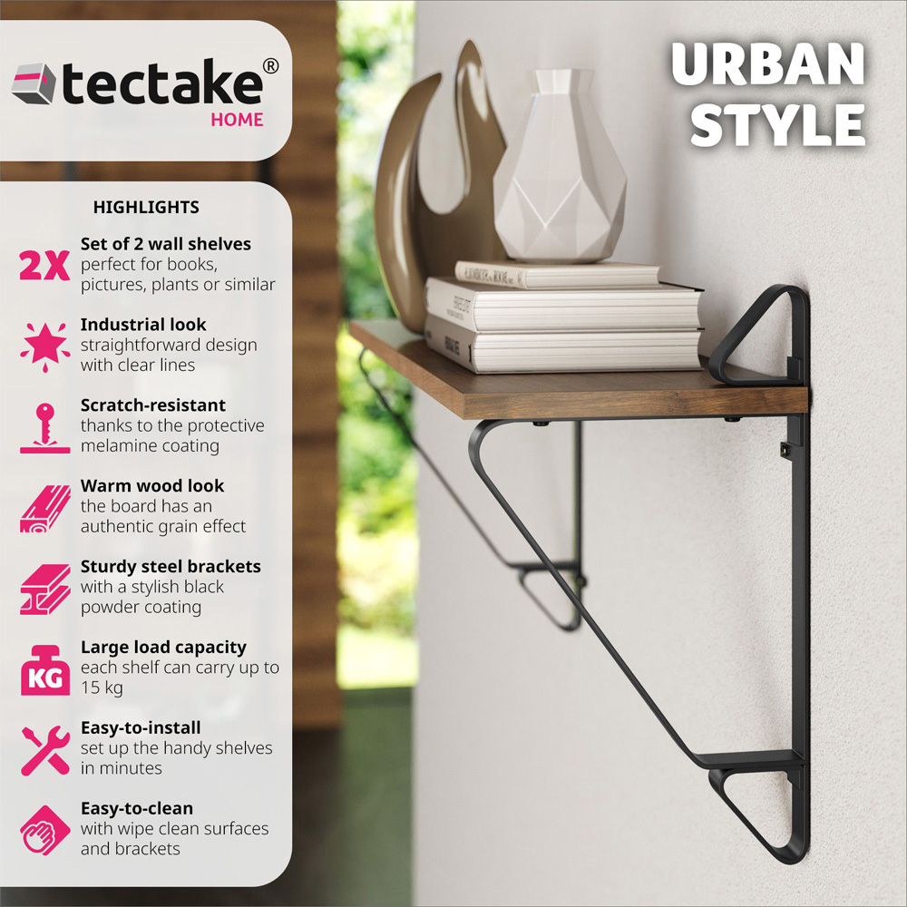 tectake Irvine Dark Wood Wall Shelf Set of 2 Image 6