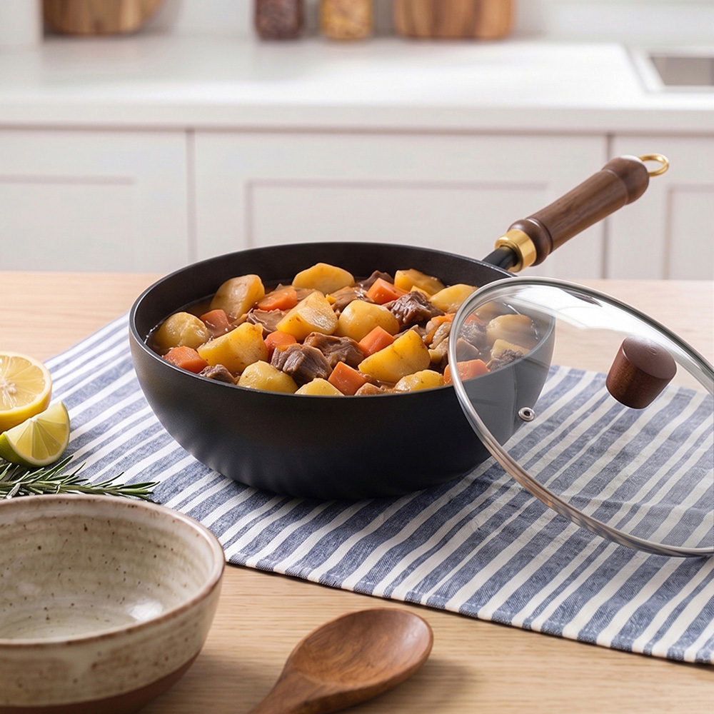 Living and Home 28cm Black Iron Deep Wok Pan with Glass Lid Image 7