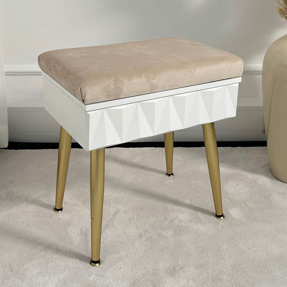CARME Home Montana White and Gold Padded Velvet Storage Stool Image 6