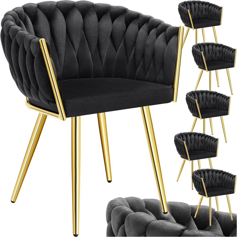 tectake Astano Set of 6 Black and Gold Velvet Padded Knot Design Dining Chair Image 2