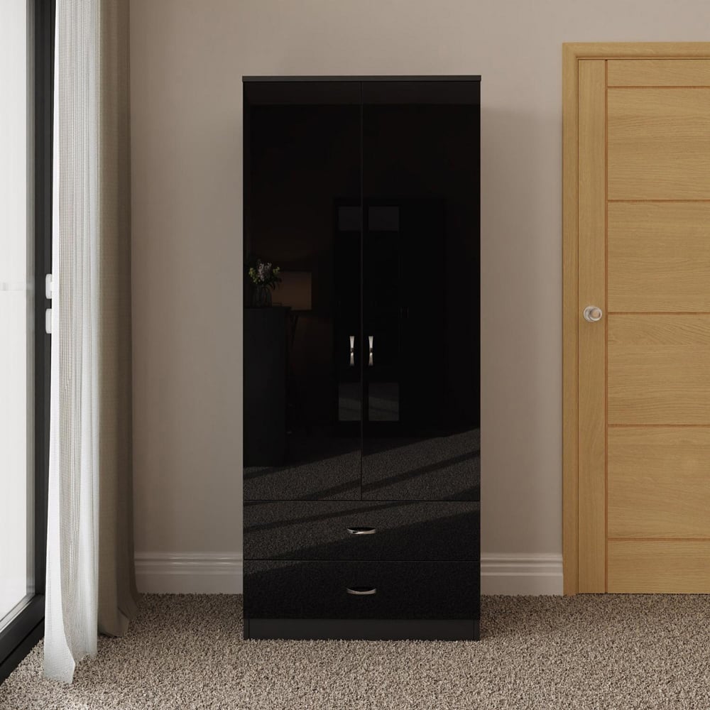 FWStyle Chilton 2 Door 2 Drawer Black Gloss Wardrobe Image 5
