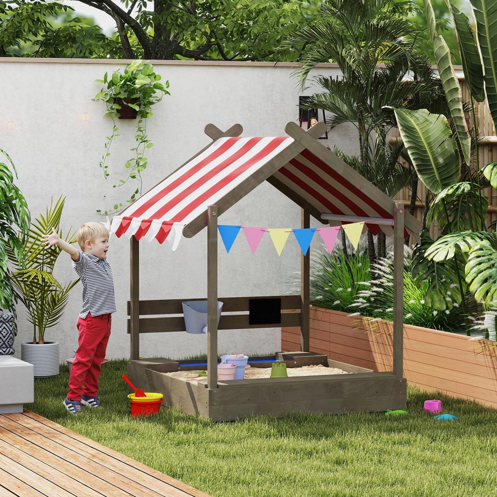 Outsunny Kids Grey Sand Pit with Canopy and Accessories Image 2