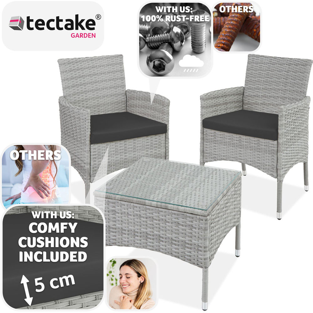 tectake Lucerne 2 Seater Rattan Garden Bistro Set Light Grey Image 3