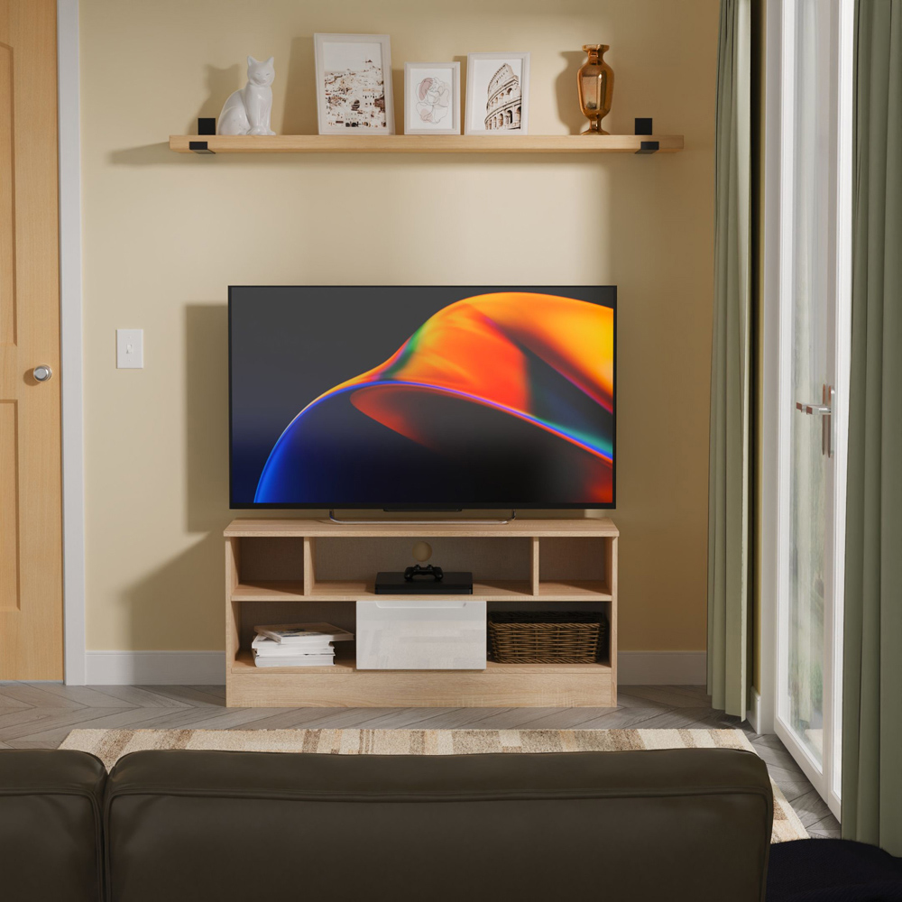 Crowndale Milan Single Drawer 5 Shelf White Gloss and Bardolino Oak TV Unit Ready Assembled Image 7