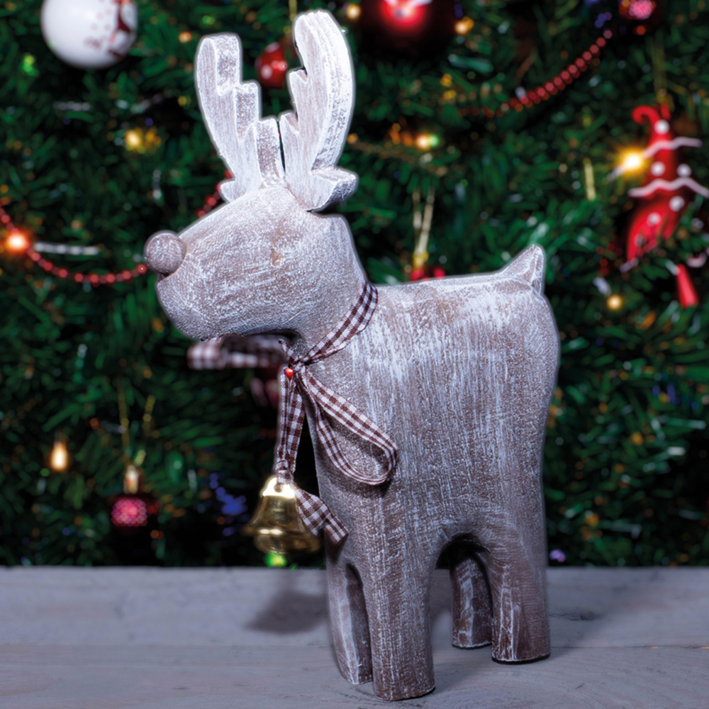St Helens Light Brown Wooden Brushed Snow Effect Reindeer Image 5