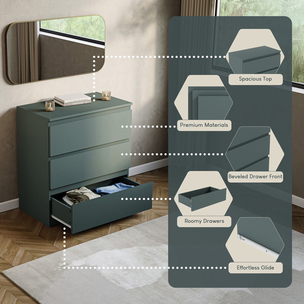 VIDA DESIGNS Denver Jasper Green 3 Drawer Bedside Table Image 6
