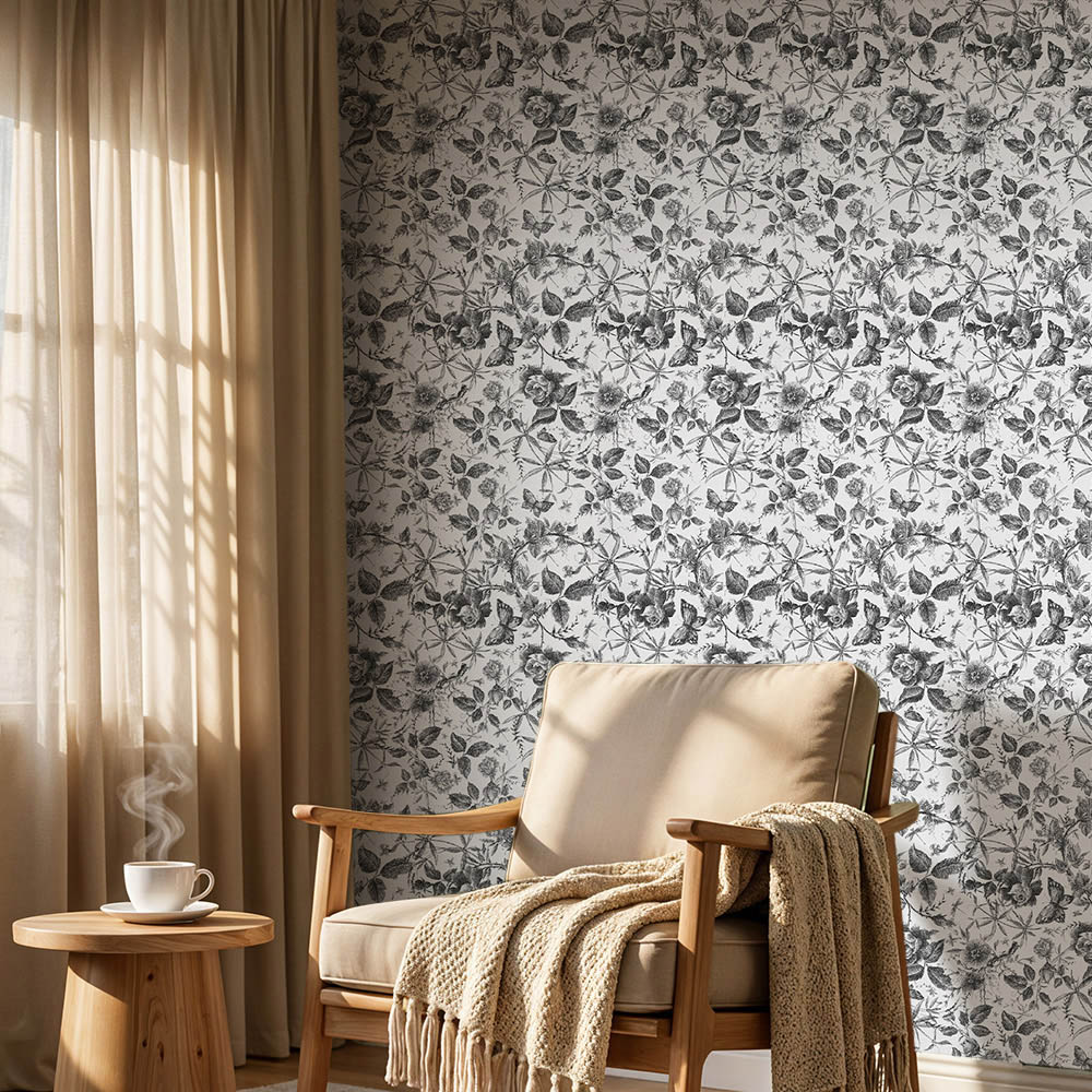 Living and Home Floral Pattern White and Black Peel and Stick Wallpaper Image 7
