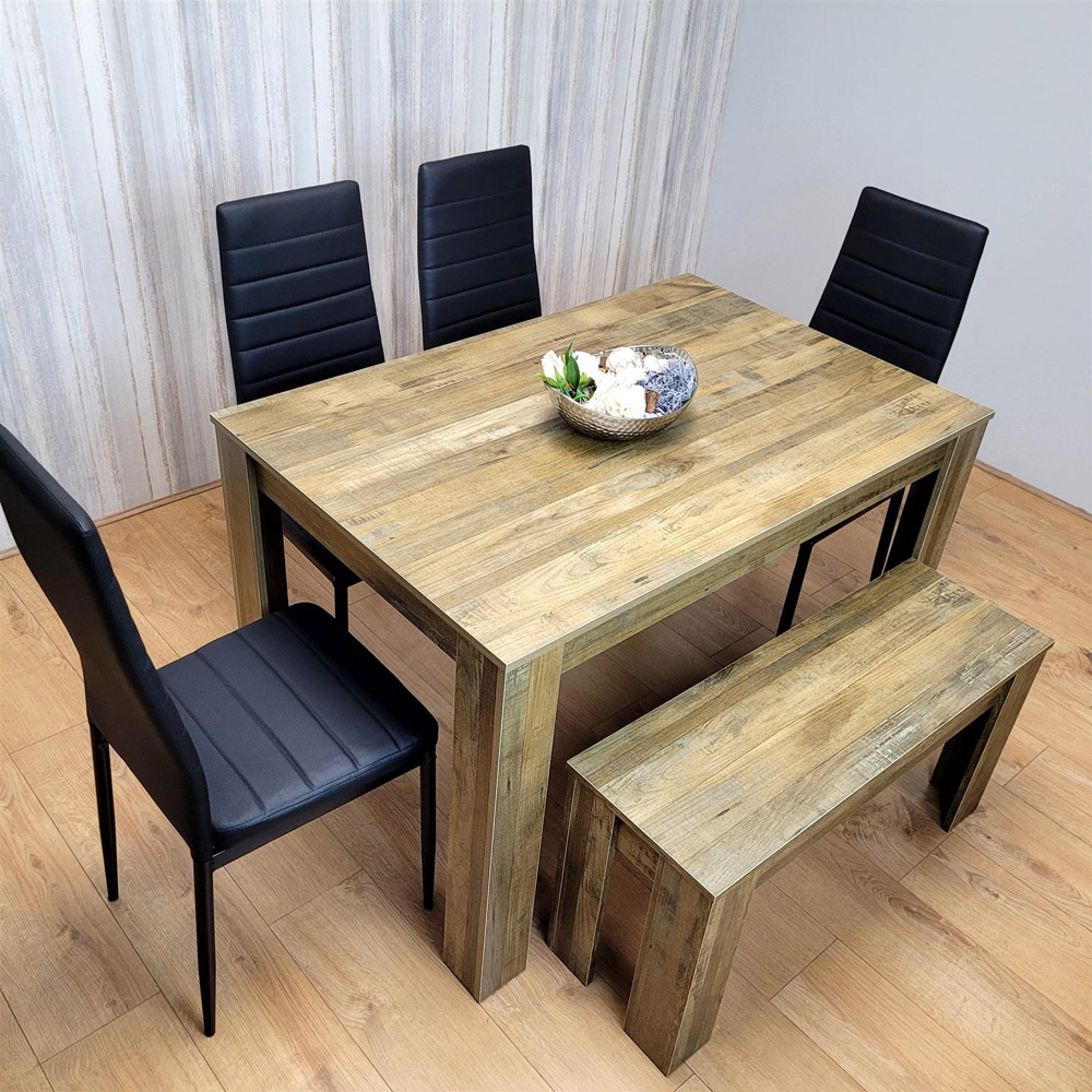 Portland 6 Seater Dining Set Rustic Effect and Black Leather with Bench Image 6