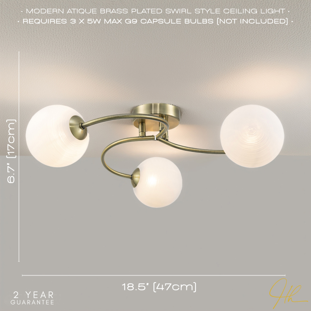 Happy Homewares 3 Arm Antique Brass Ceiling Light with Opal Swirl Glass Spherical Shades Image 7