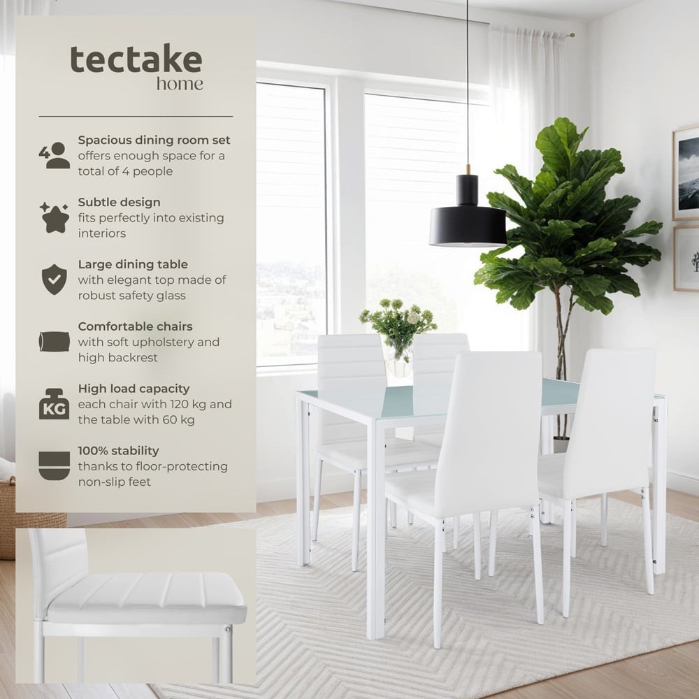 tectake Berlin 4 Seater White Faux Leather Dining Table Set Image 4