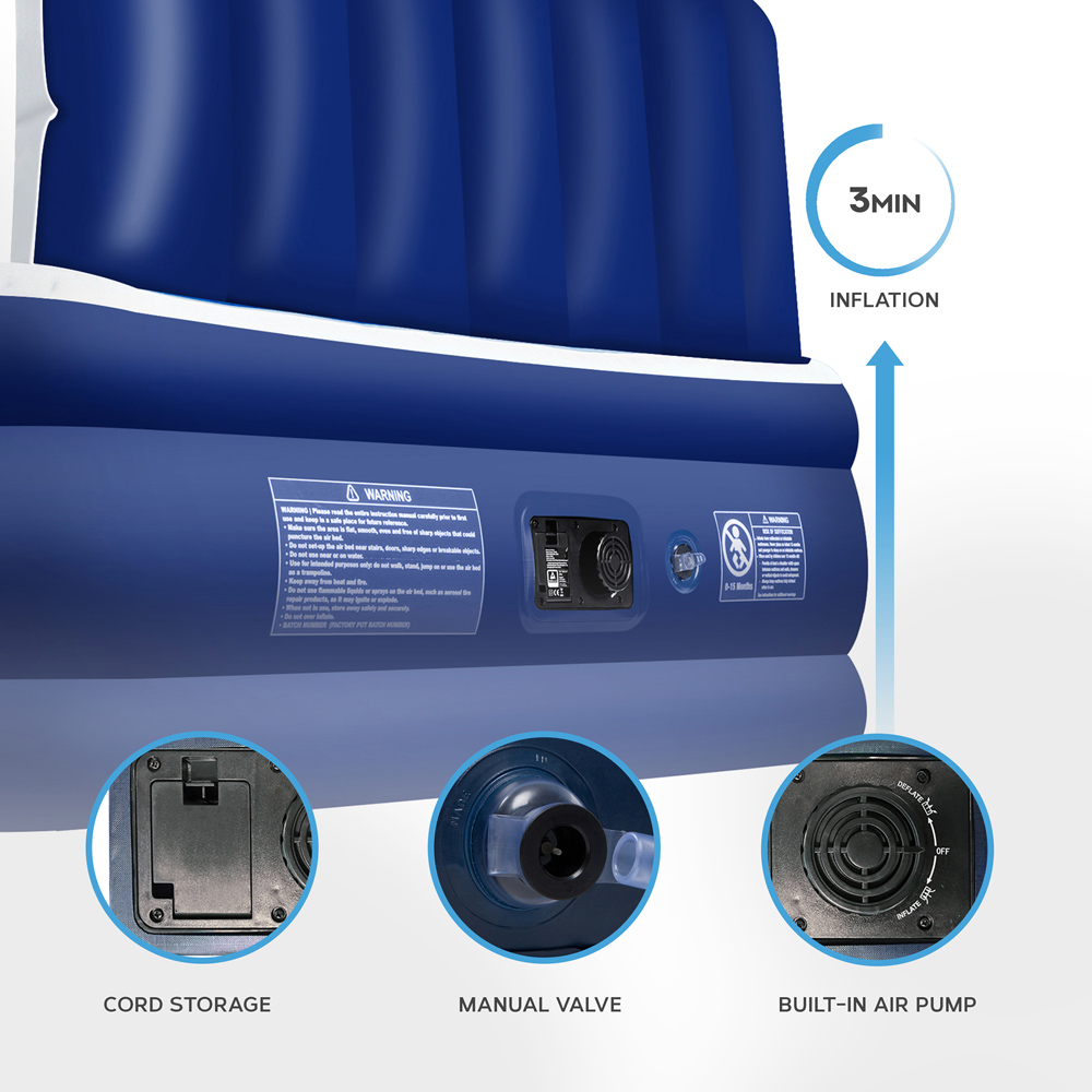 Get Fit Navy and White King Size Inflatable Air Bed with Built-in Electric Pump and Headboard Image 2