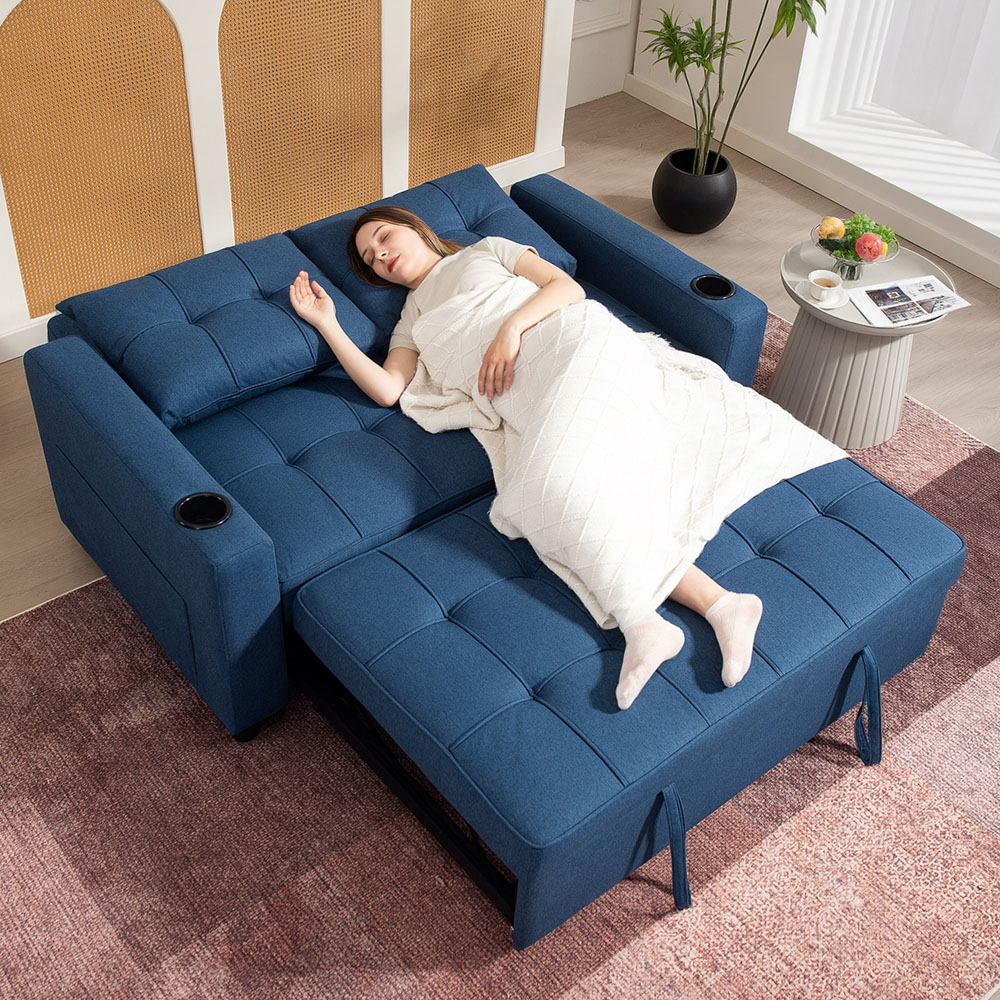 HOMCOM 2 Seater Dark Blue Pull Out Sofa Bed with Pockets | Homebase