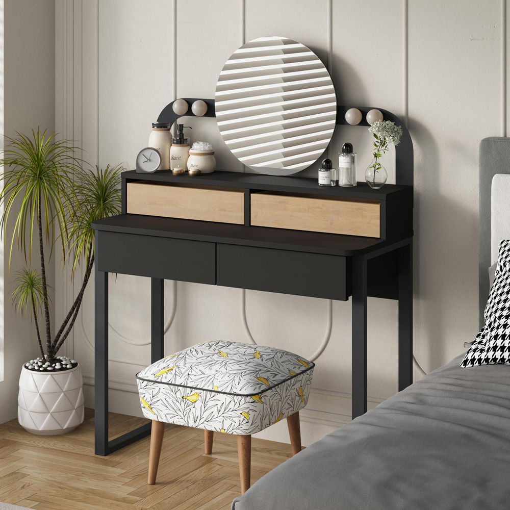 Decortie Lora 4 Drawer Black Bute Sapphire Oak Dressing Table with LED Mirror Image 4