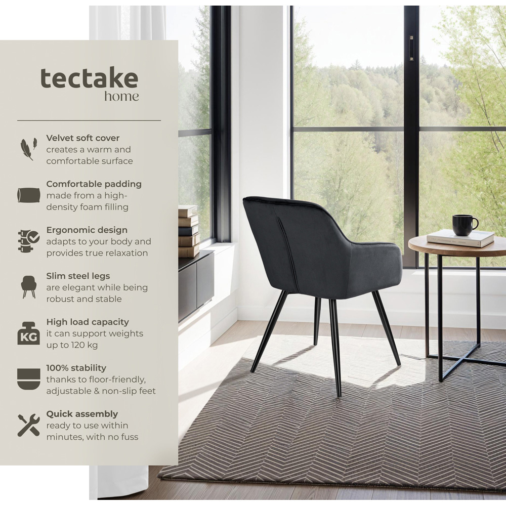 tectake Marilyn Black Velvet Look Padded Dining Chair Image 6