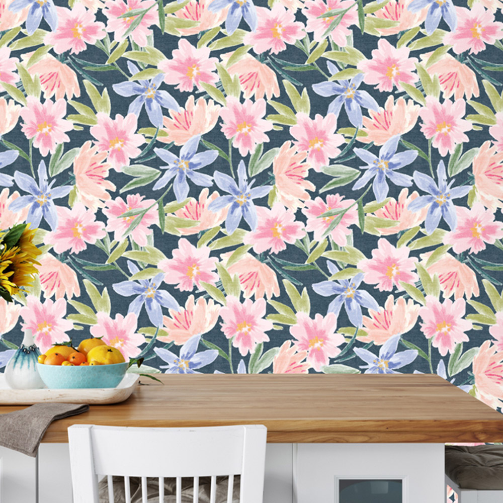 Arthouse Watercolour Floral Navy Wallpaper Image 4