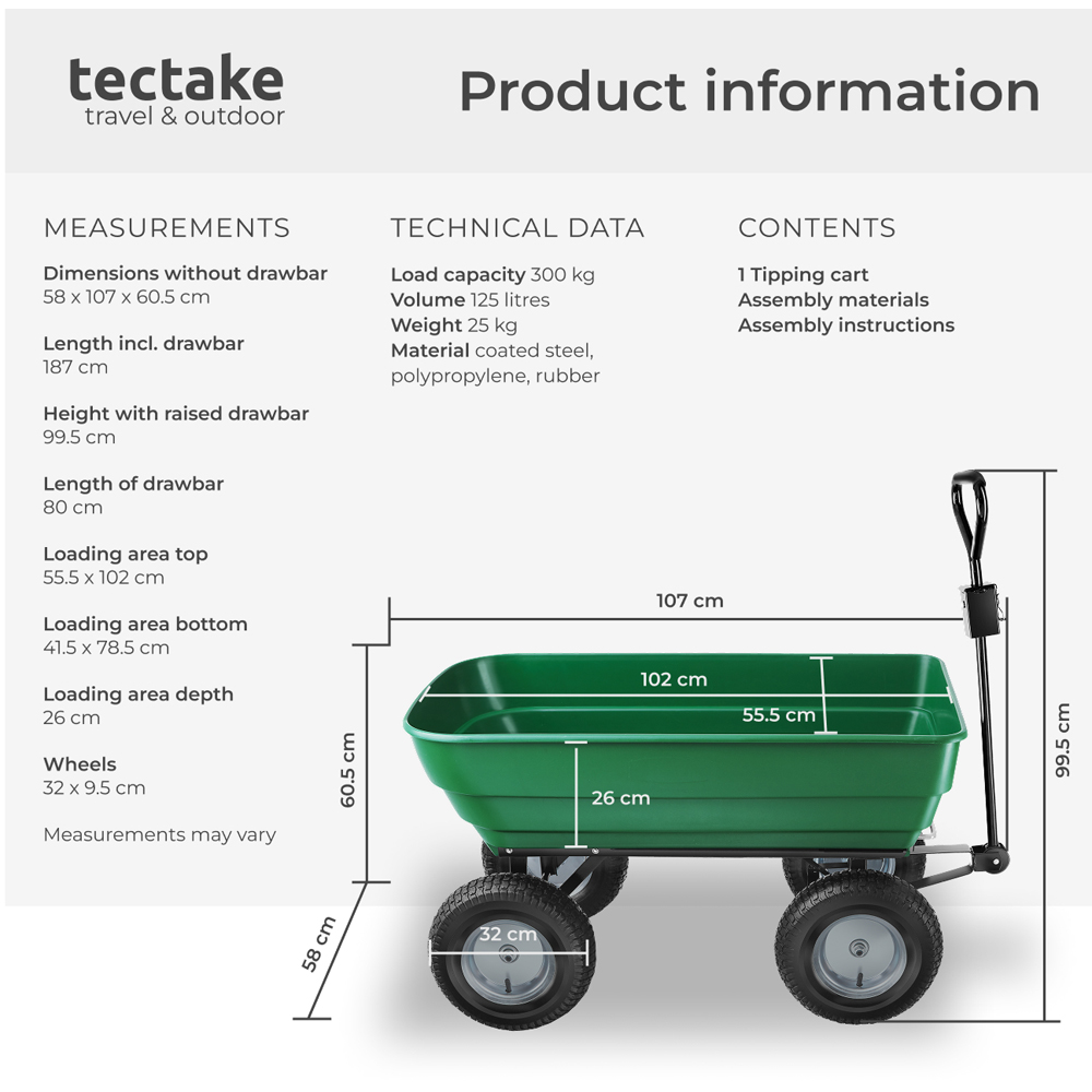 tectake Green Garden Trolley with Padded Handle 300kg Image 8