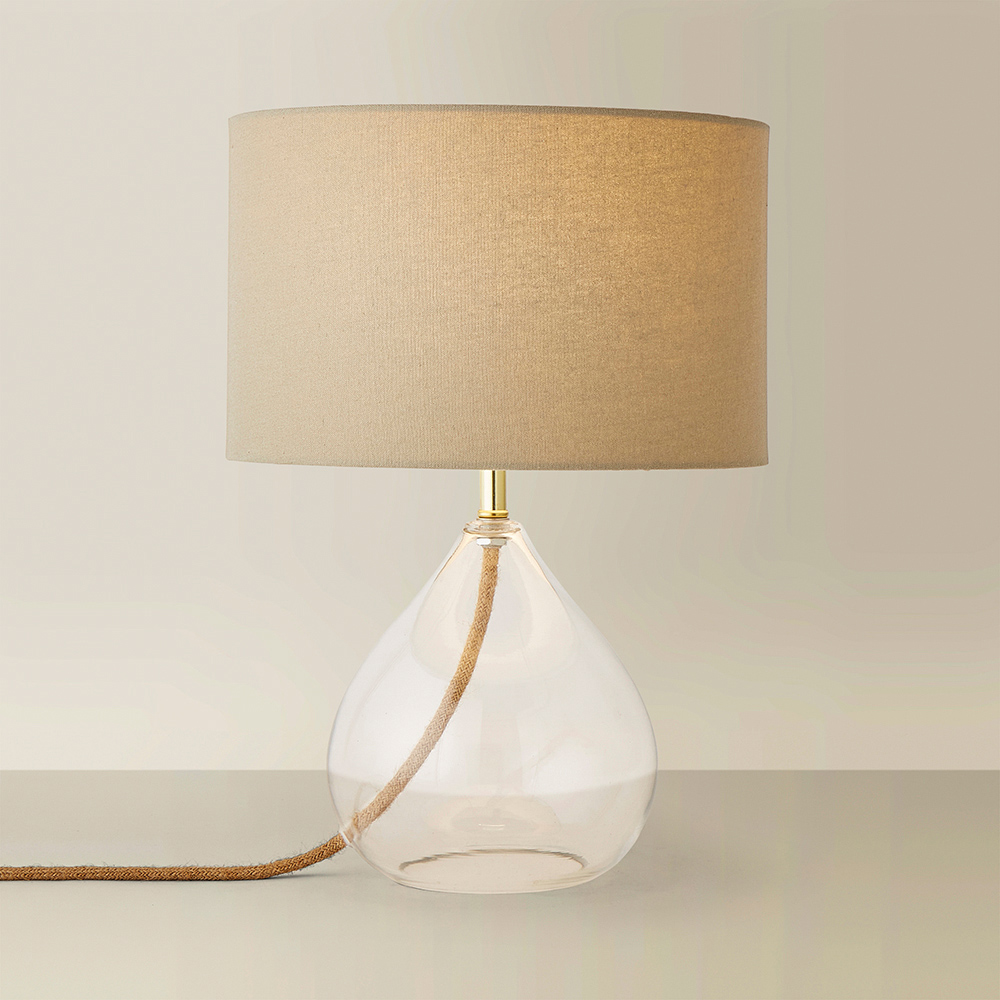 ValueLights Eloise Natural Linen Drum Shade Clear Glass Teardrop LED Table Lamp Image 5