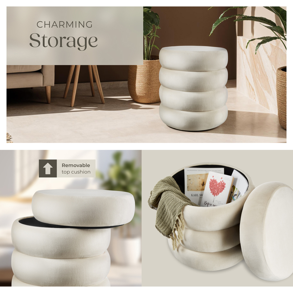tectake Altu Cream Velvet Look Stool with Storage Image 5