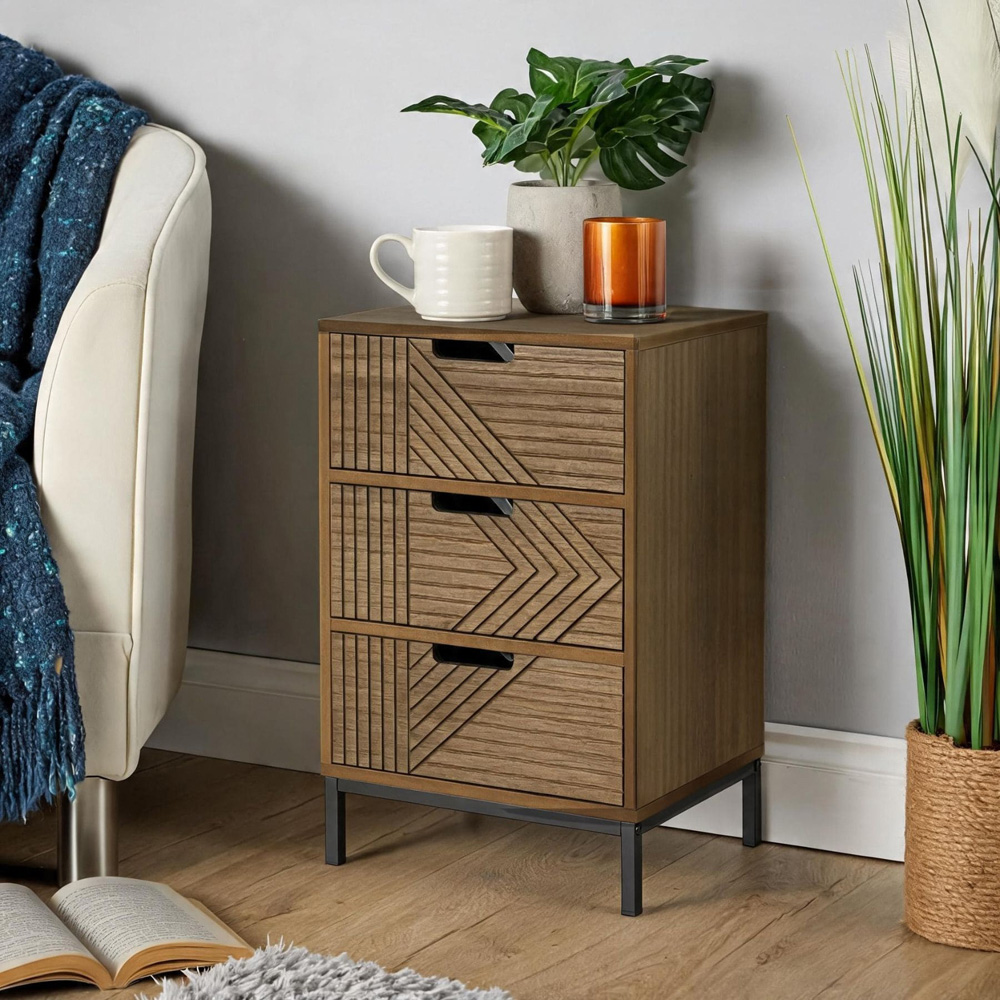 Home Source Mundesley 3 Drawer Geometric Wooden Bedside Table Image 6