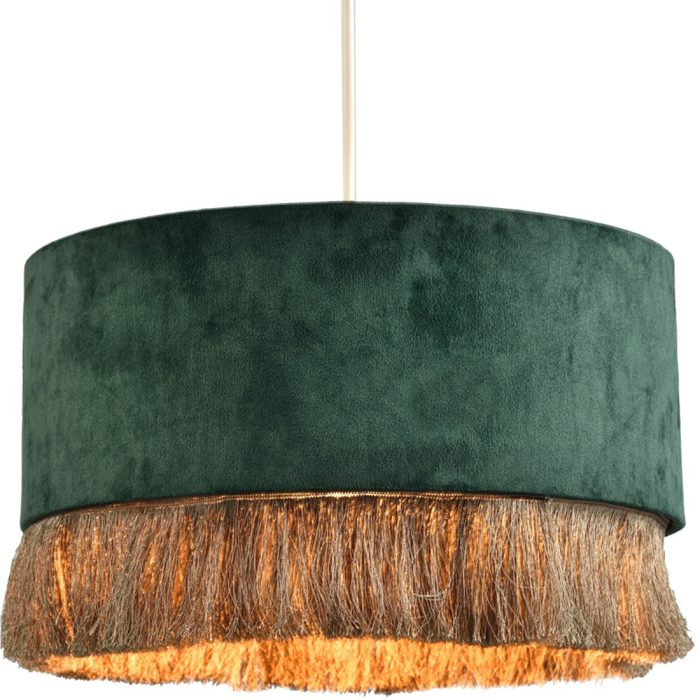 Happy Homewares Forest Green Soft Velvet Circular Gold Tassels Pendant Shade Image 6
