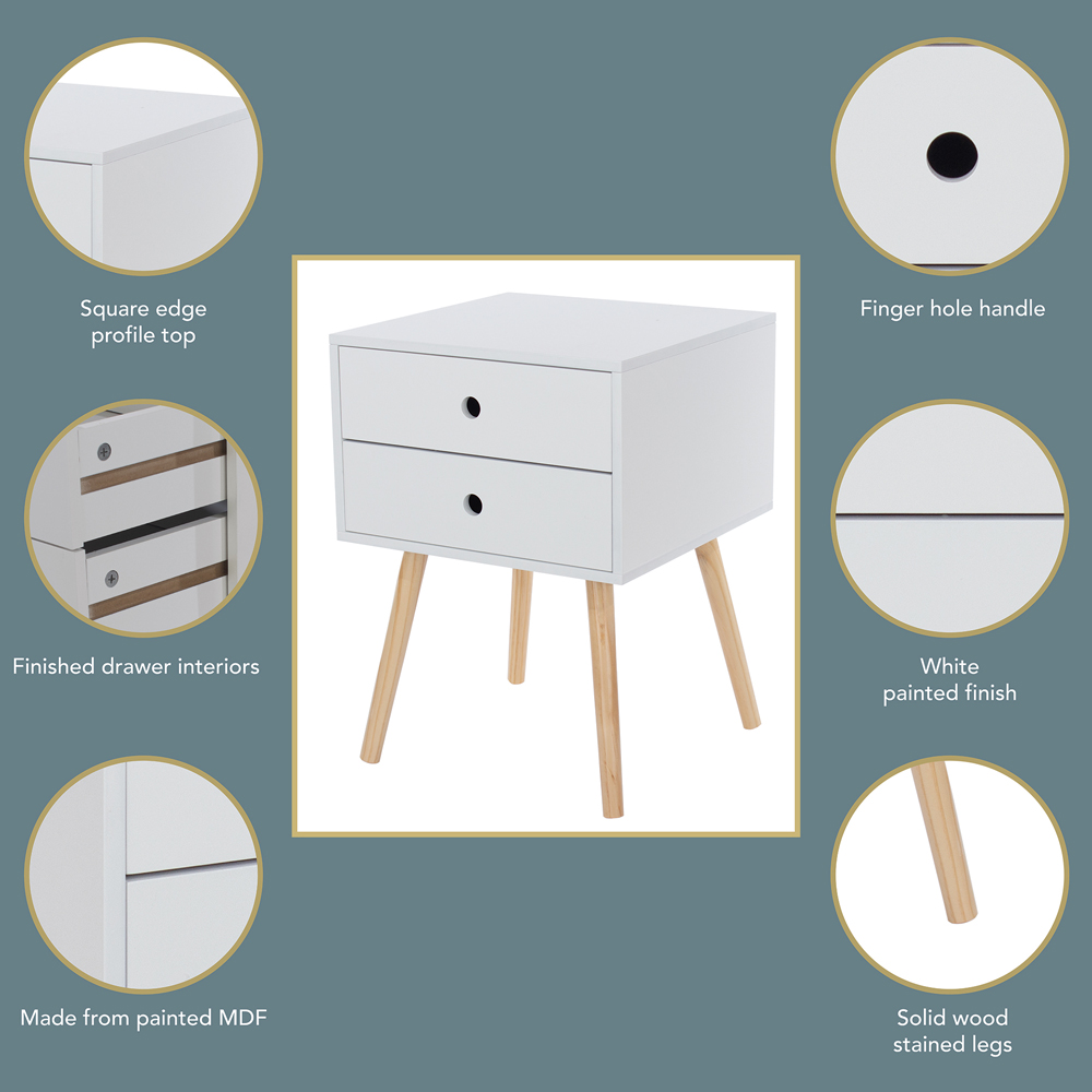 Scandia 2 Drawer White Wooden Legs Bedside Table Image 6