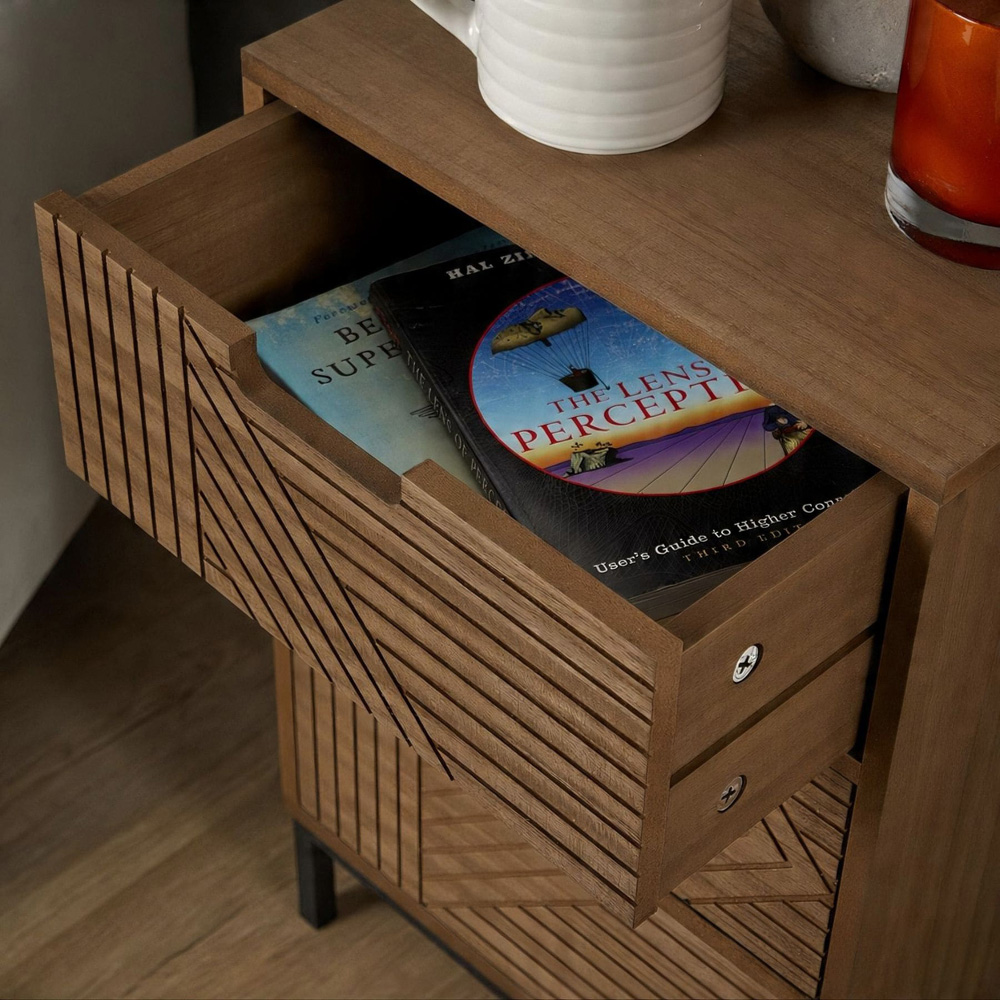Home Source Mundesley 3 Drawer Geometric Wooden Bedside Table Image 3