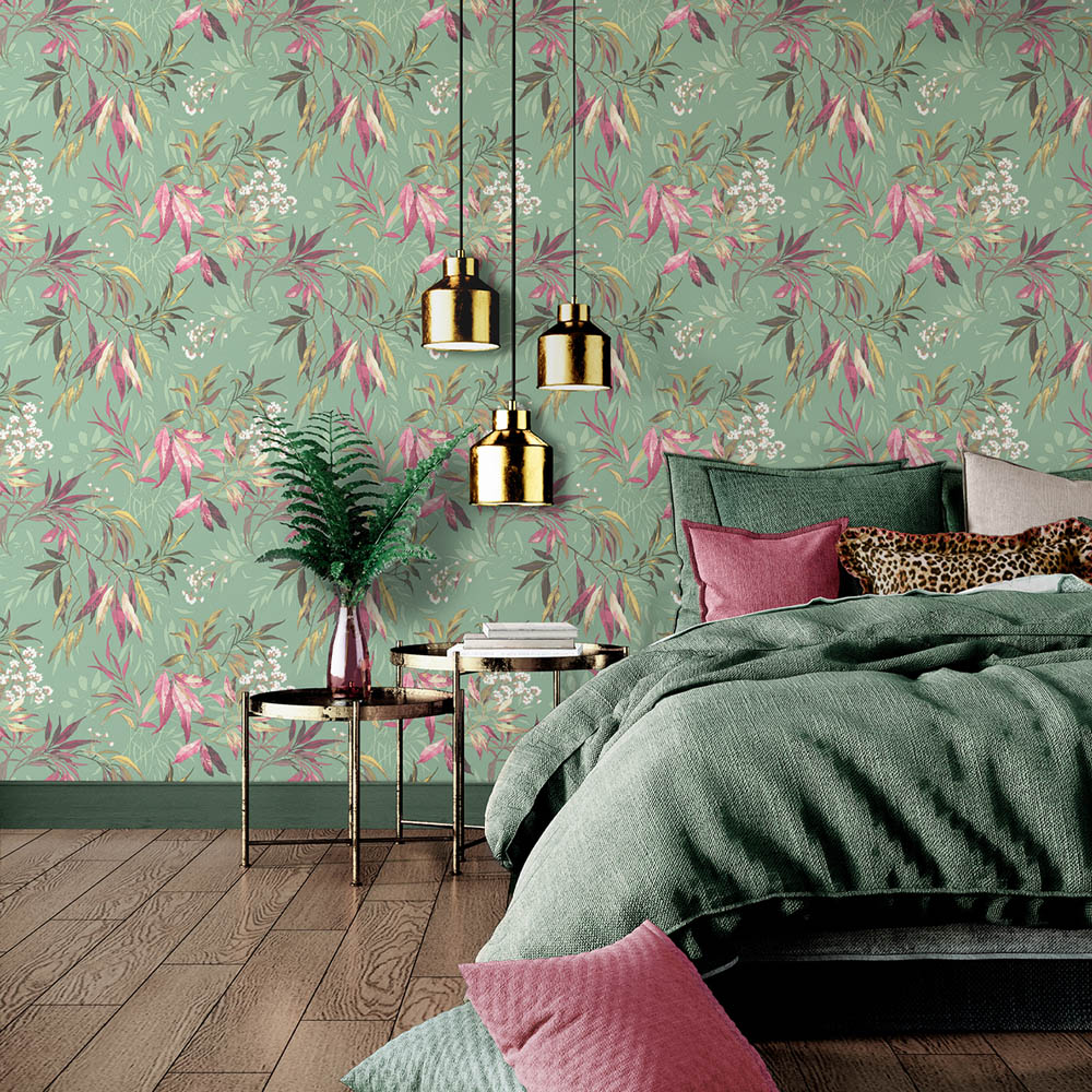 Belgravia Decor Kanata Leaf Pink and Sage Wallpaper Image 2
