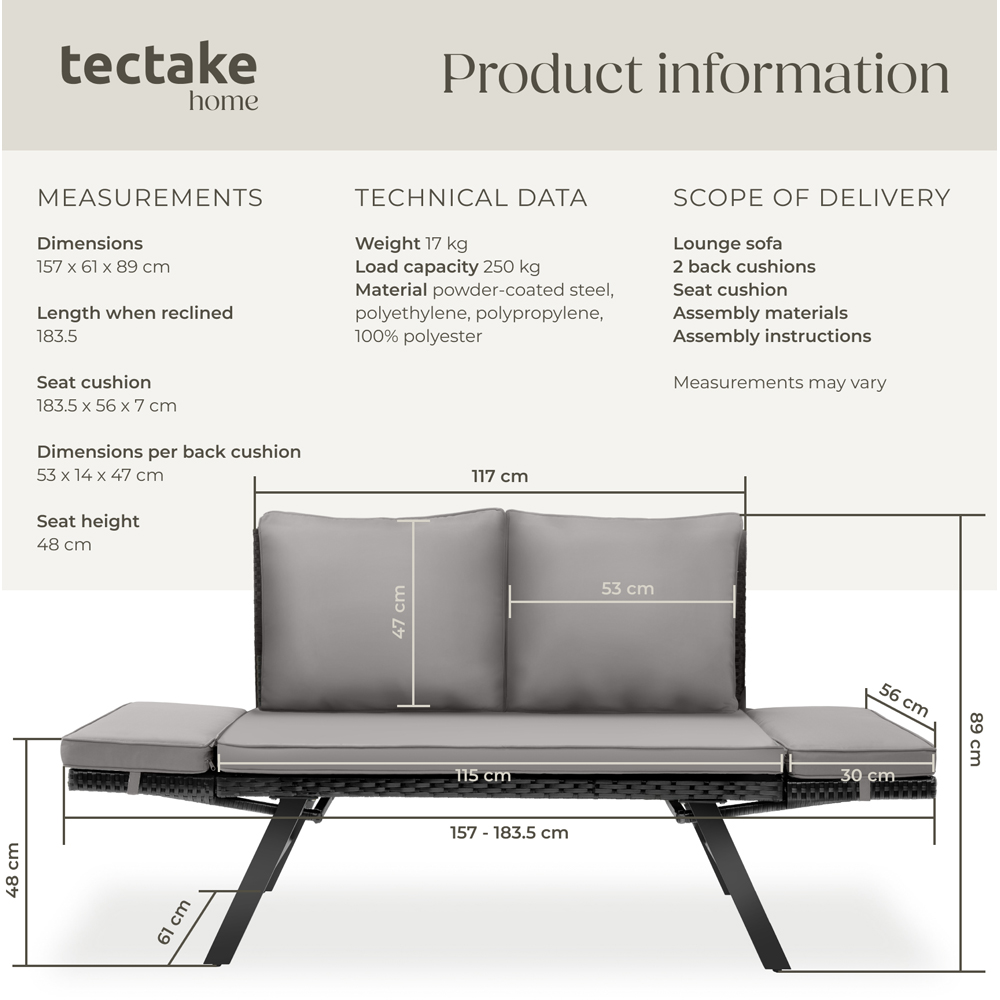 tectake Sintra 2 Seater Light Grey and Black Garden Sofa Image 9