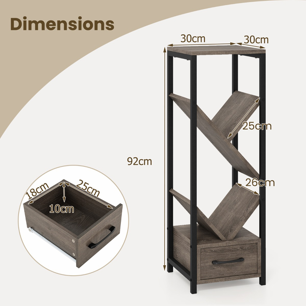 Costway 4 Tier Single Drawer Grey Floor Standing Tree Bookshelf Image 9