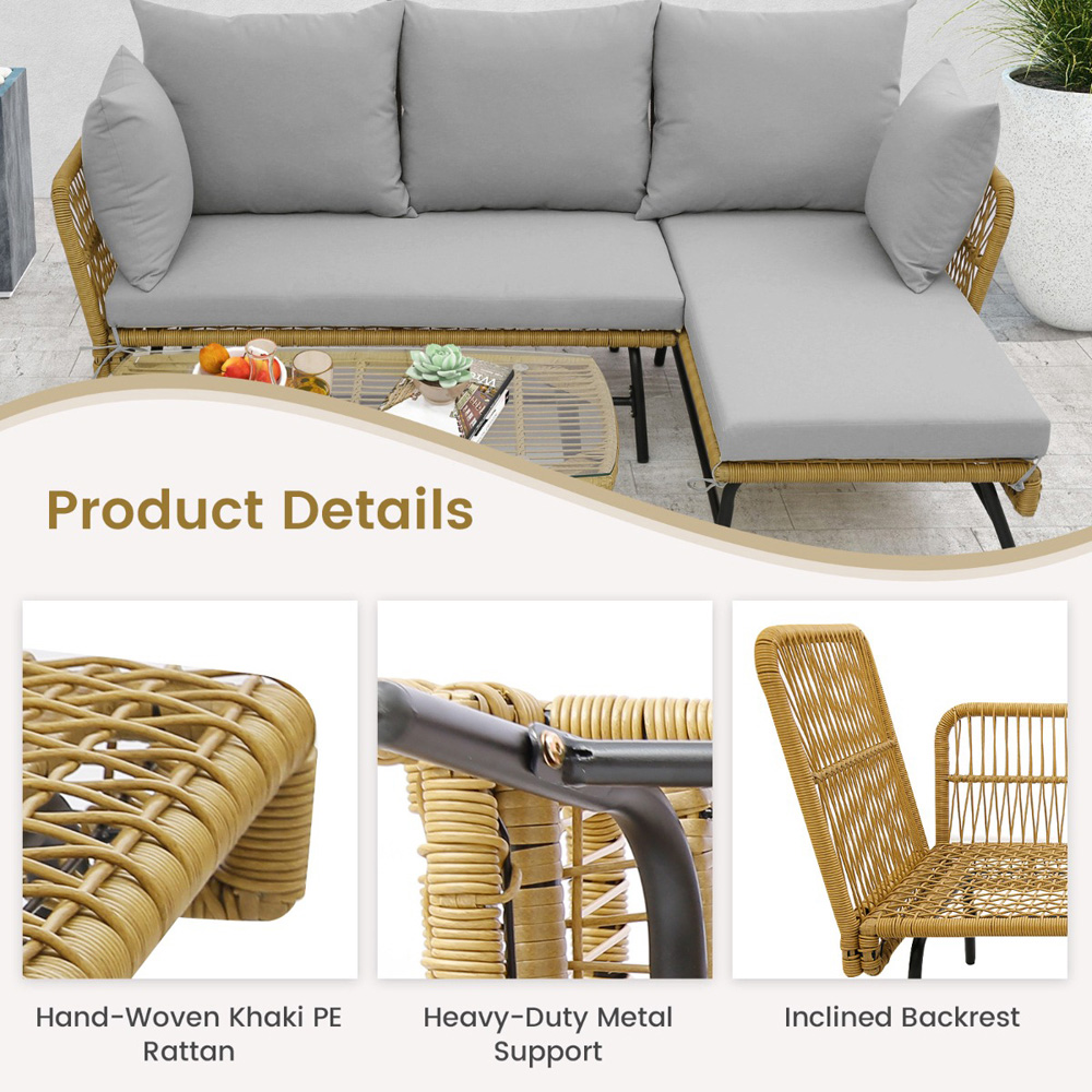 Costway 4 Seater Rattan Grey L Shaped Lounge Sofa Set Image 7