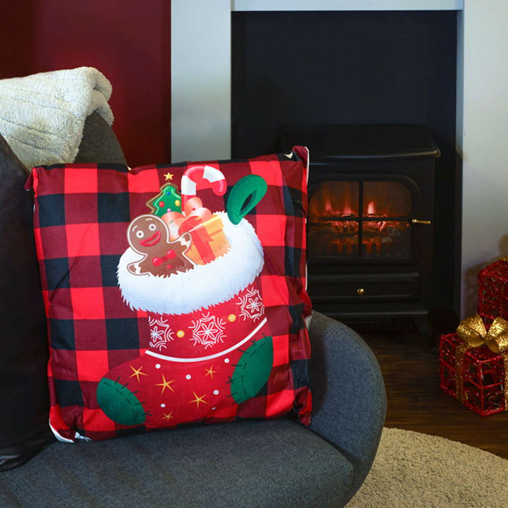 Xmas Haus Festive Black and Red Plaid Stocking Christmas Cushion 45 x 45cm Image 2