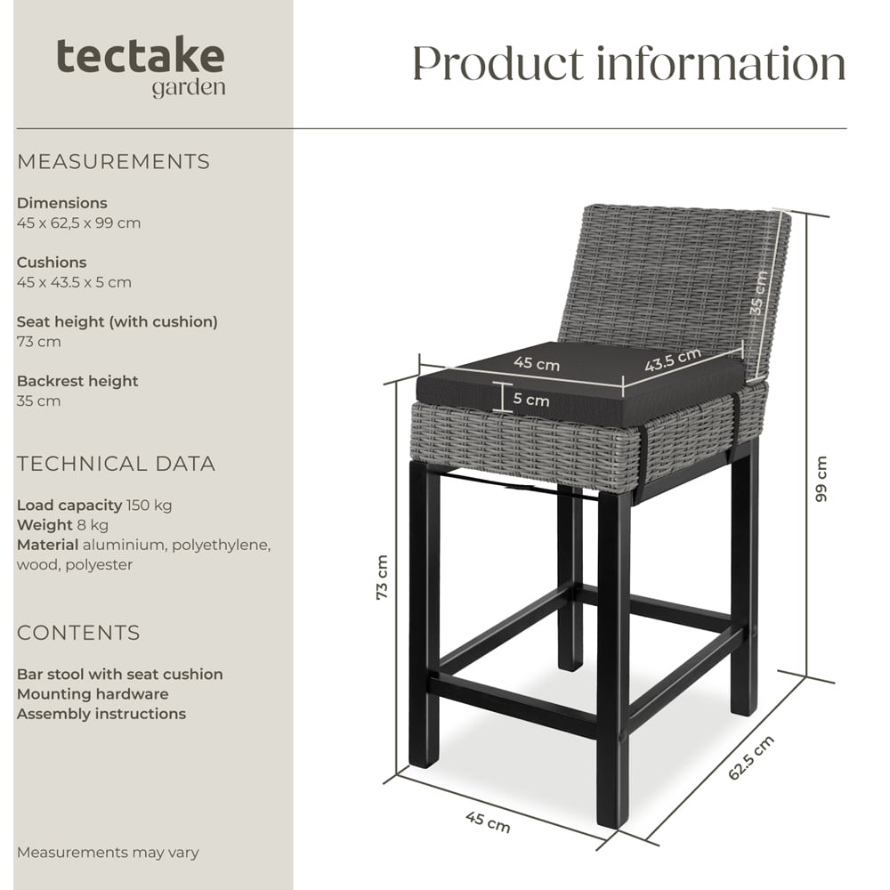 tectake Latina Grey Polyrattan and Aluminium Frame Bar Stool Image 9