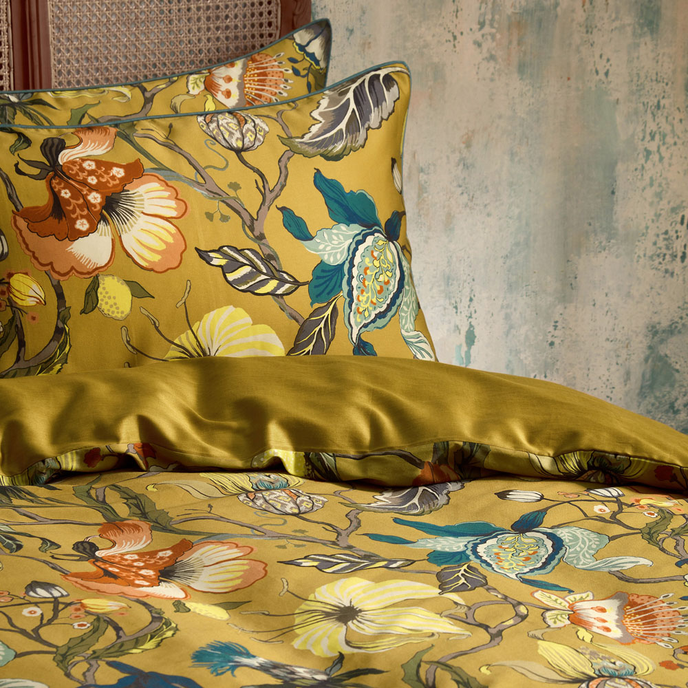 EW by Edinburgh Weavers Morton Floral King Size Ochre Cotton Sateen Duvet Cover Set Image 3