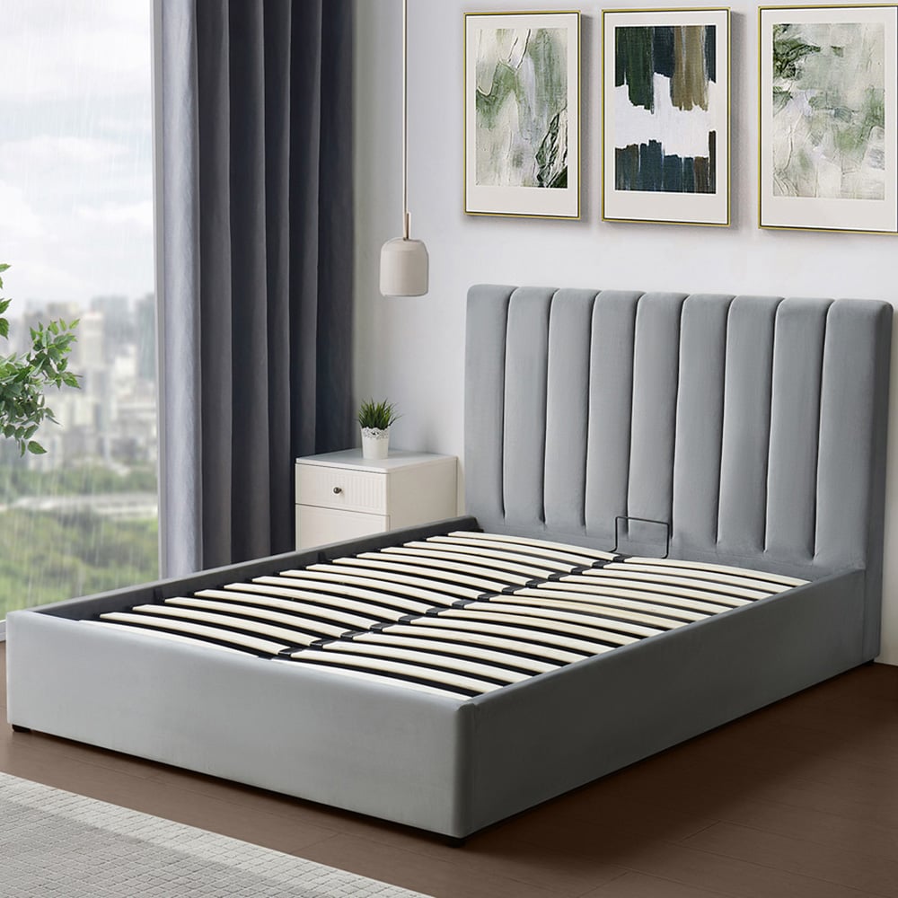 Brooklyn Corwin Double Grey Velvet Ottoman Bed Image 1