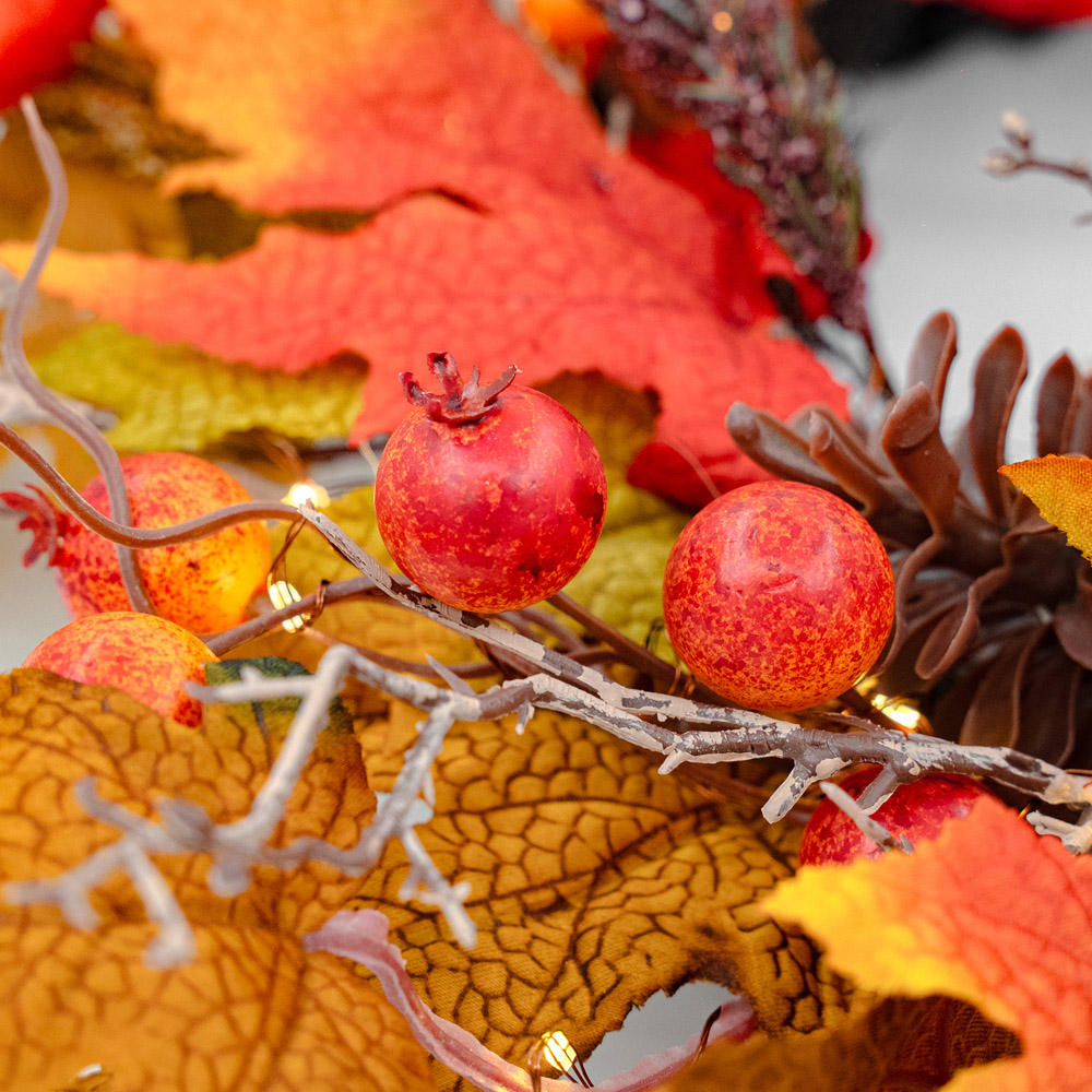Norfolk Autumn Maple 150 Warm White LED Christmas Wreath with Berries and Pinecones 183cm Image 2