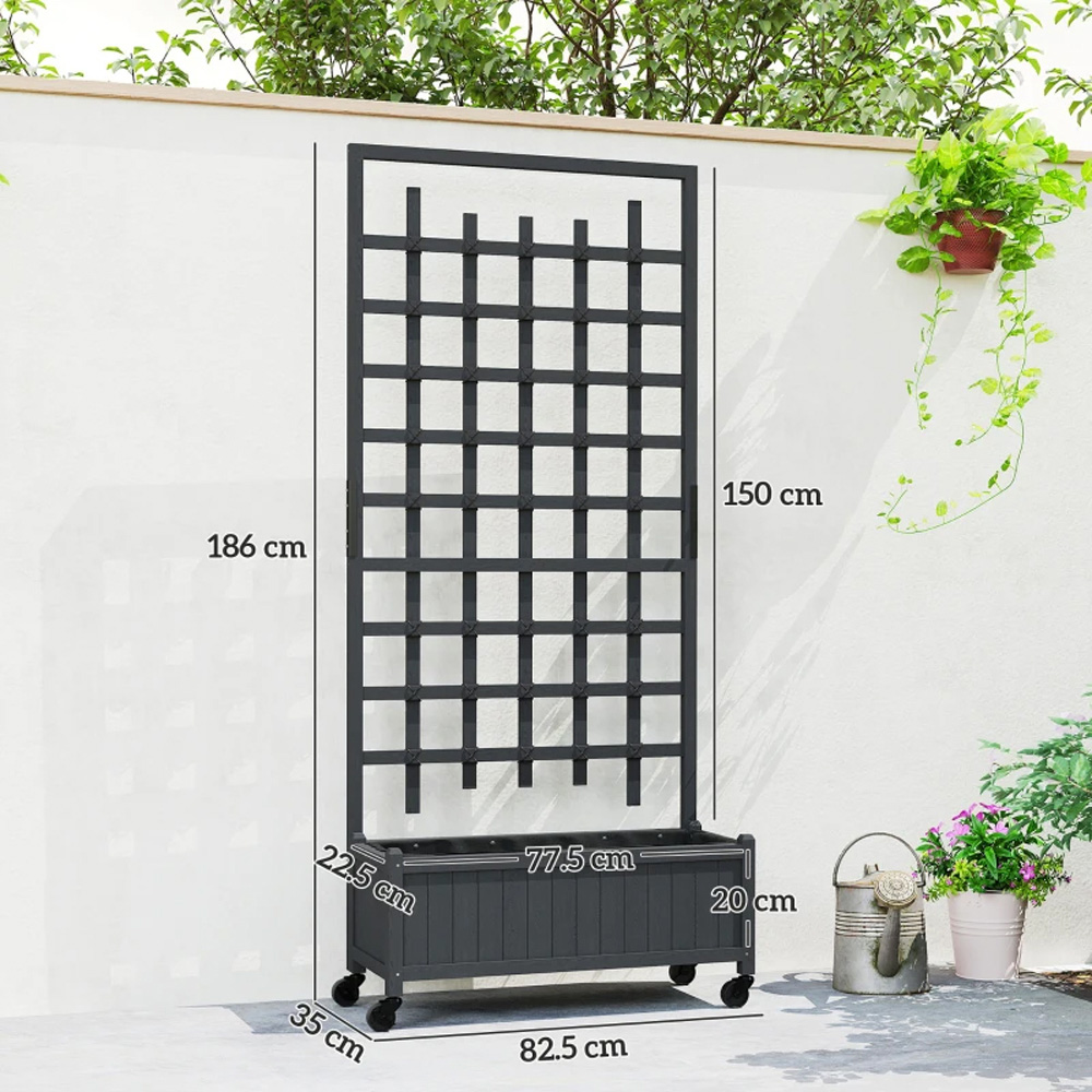 Outsunny Grey Wooden Raised Garden Bed Planter with Trellis and Wheels Image 8
