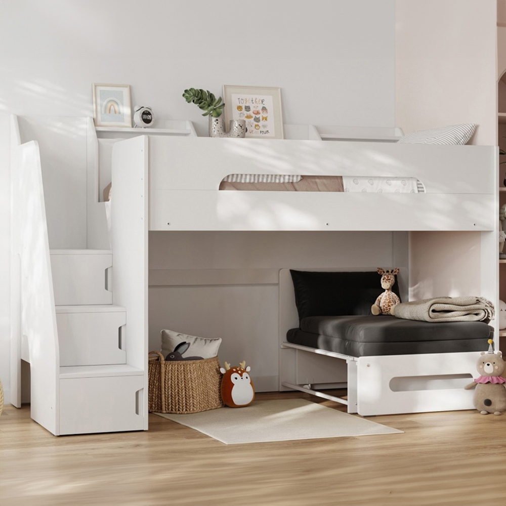Flair Stepaside White Staircase High Sleeper with Black Futon Image 1