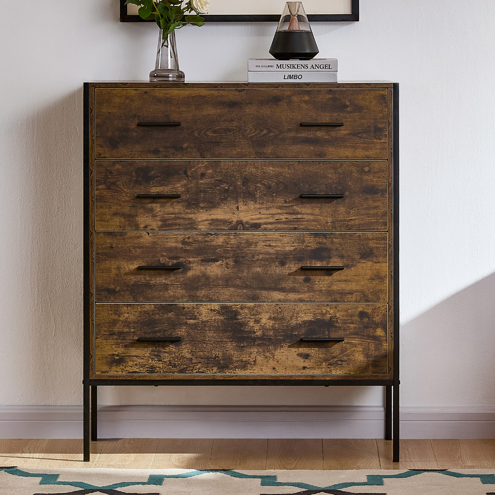 Vida Designs Brooklyn 4 Drawer Dark Wood Rustic Metal Frame Chest of Drawers Image 3