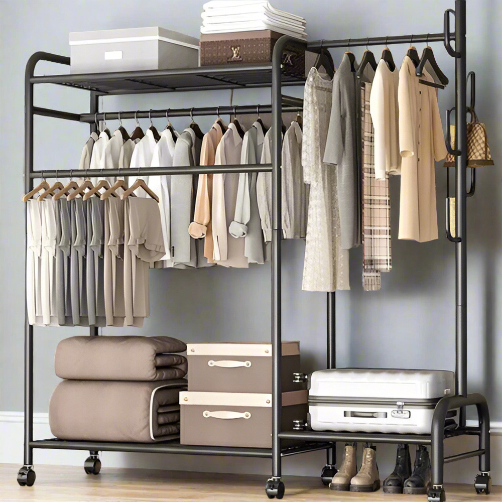 Modcraft 3 Shelf Black Heavy Duty Double Clothes Rail Rack with Wheels Image 3