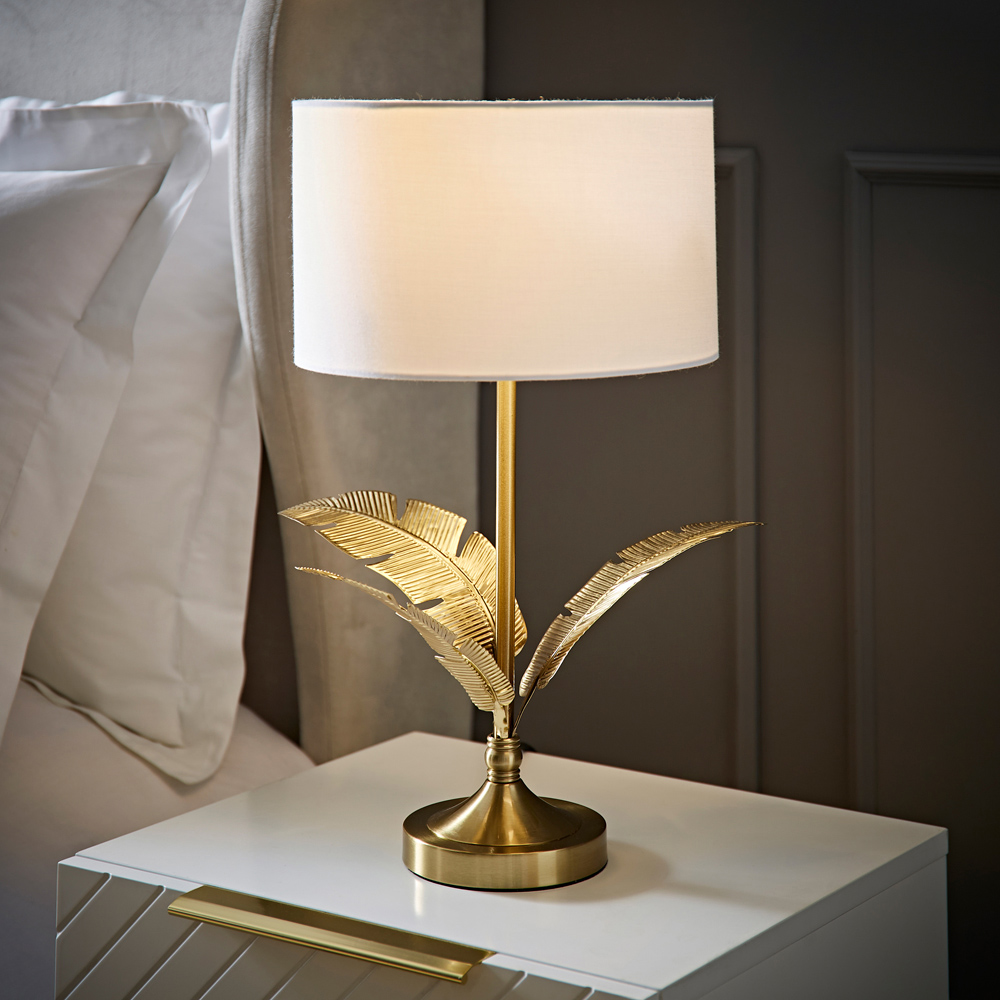 ValueLights Christina White and Gold Palm Leaf Detail Single Stem Table Lamp and Bulb Image 2