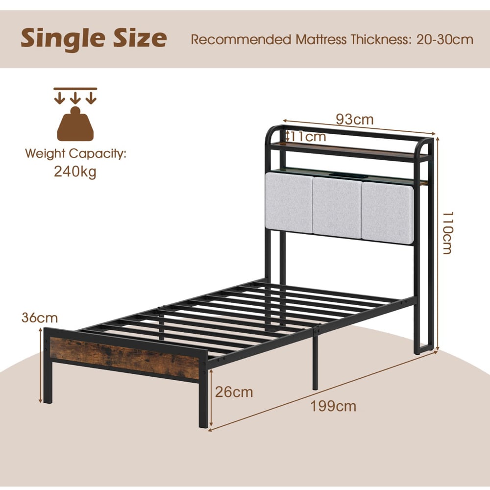 Costway Single Metal Bed Frame with LED and Charging Station Image 9