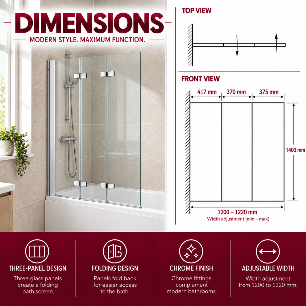 Go Bathrooms Jude Chrome Triple Pivot Bath Shower Screen 1200mm Image 5