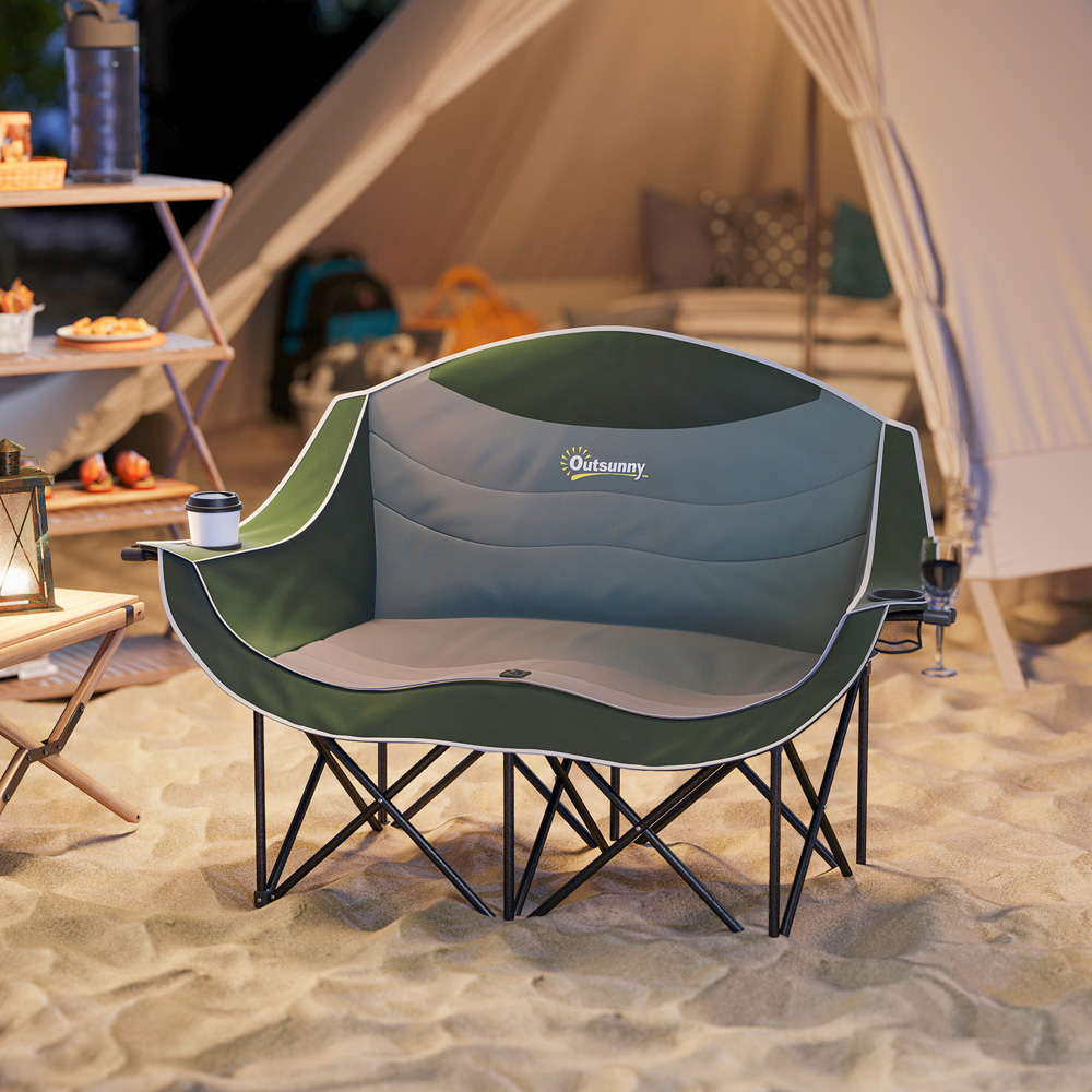 Outsunny 2 Seater Green Camping Chair with Armrests and Cup Holders Image 2