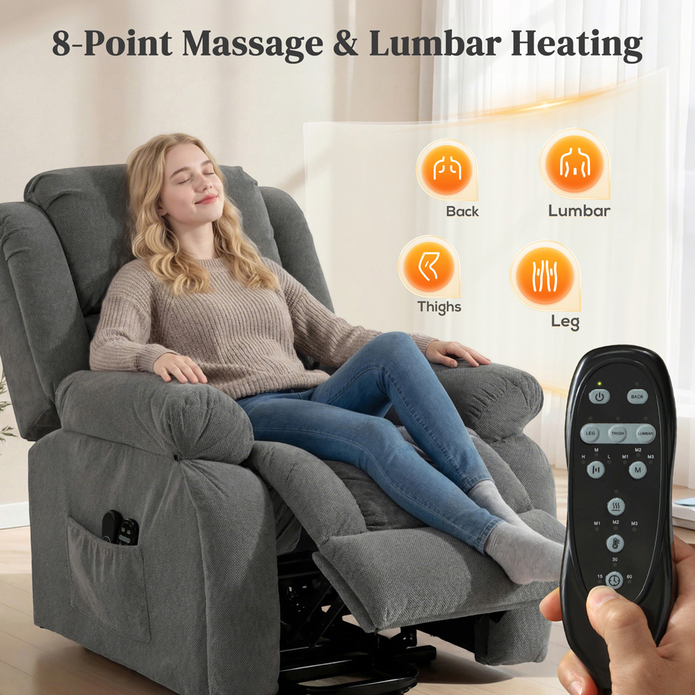 Portland Grey Velvet Power Lift Recliner Massage Chair with Remote and USB Port Image 3
