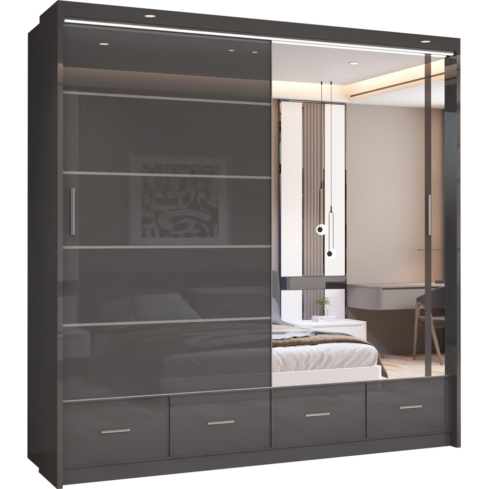 Sliding Wardrobes 4U 2 Sliding Door Grey Modern High Gloss Mirrored Wardrobe 203cm Image 2