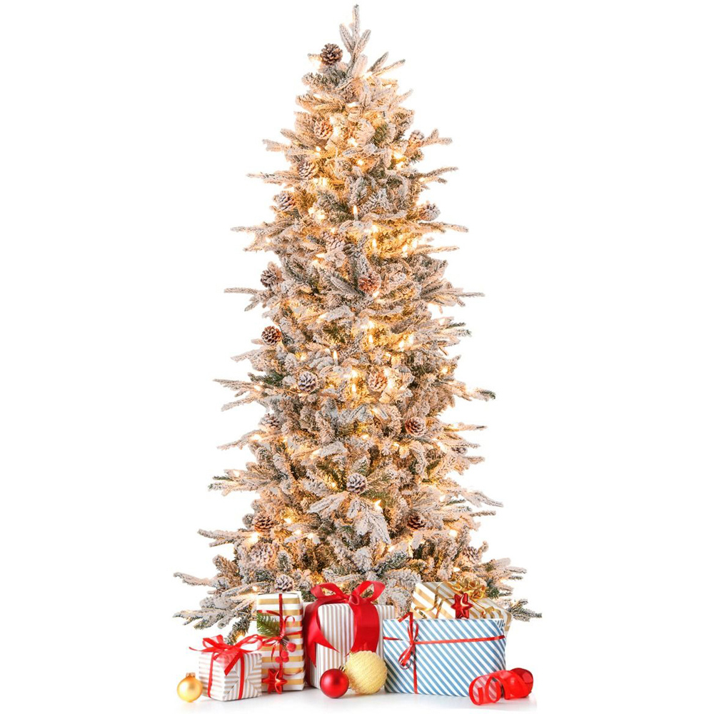 Costway Pre Lit White Flocked LED Artificial Christmas Tree with Natural Pine Cone 6ft Image 3