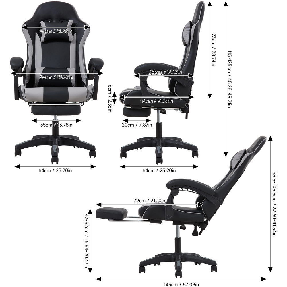 Living and Home Grey and Black Gaming Chair with Footrest Image 9