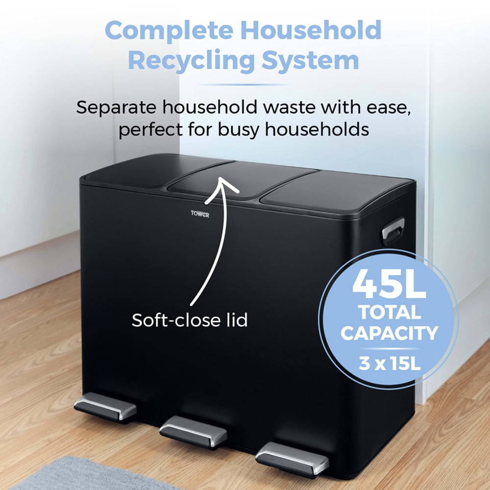 Tower Triple Recycling Black Pedal Bin 45L Image 3