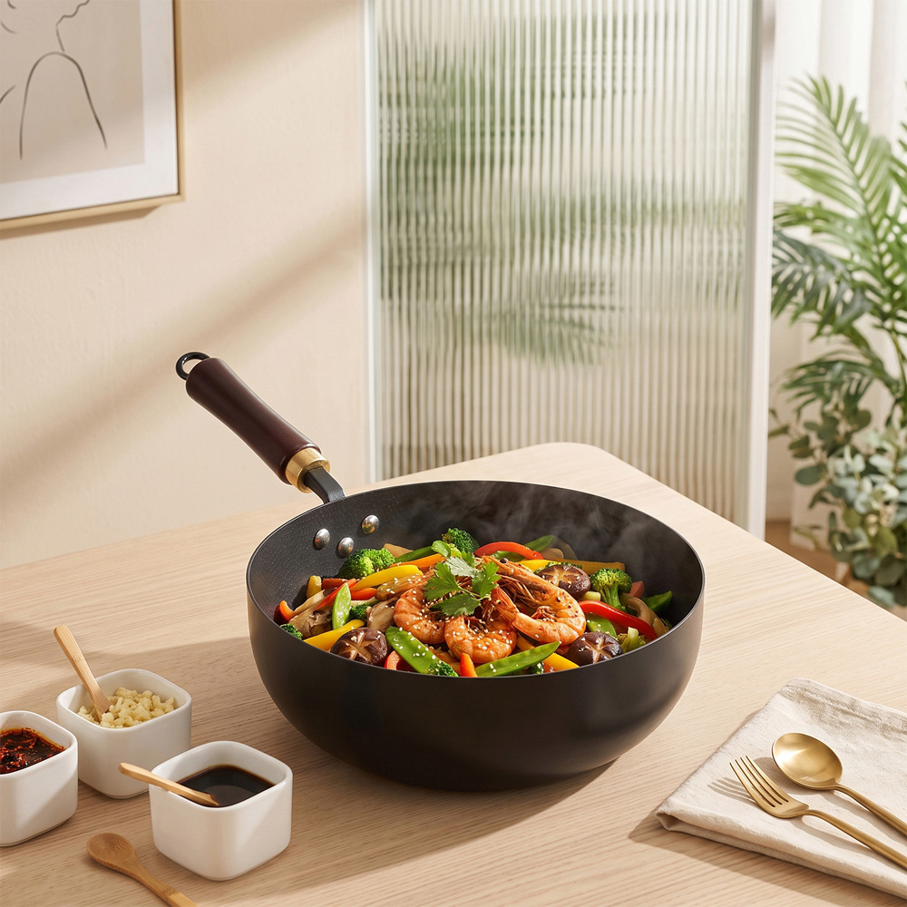 Living and Home 26cm Black Iron Wok with Detachable Handle Image 2